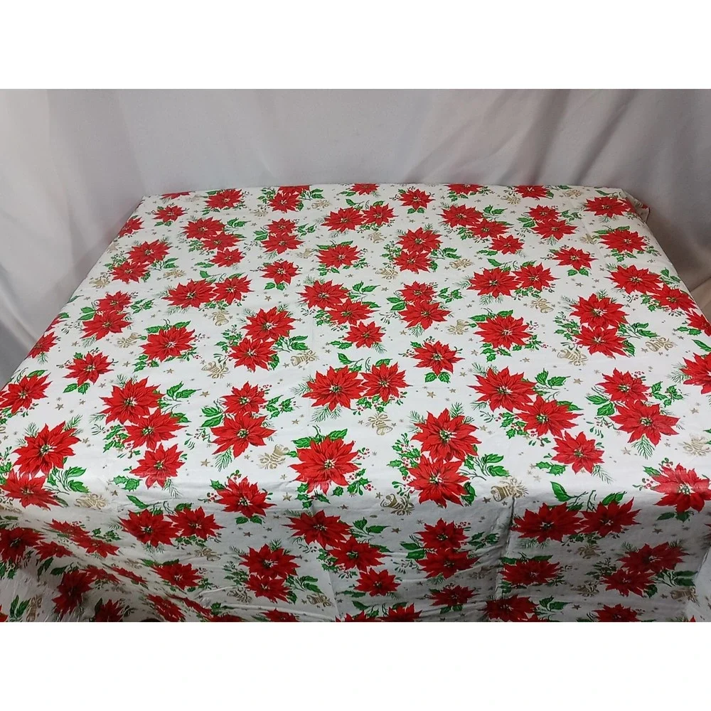 Vintage Poinsettia Vinyl Tablecloth‎ Flannel Backed 51 X 68